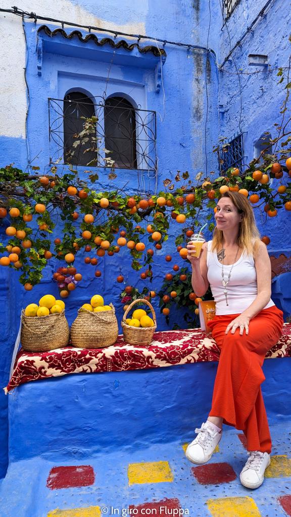 Fluppa beve succo d'arancia a Chefchaouen