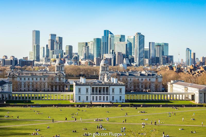 Vista panoramica su Canary Wharf dal parco di Greenwich